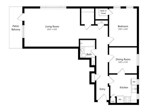 Floor plan for 1 bed, 1 bath, 1112 sqft